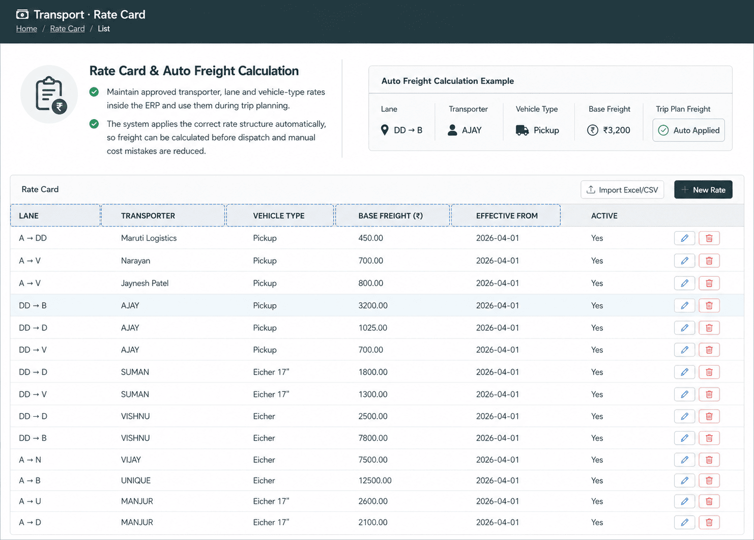 Rate card and auto freight calculation